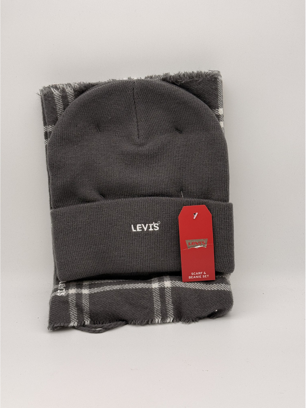 Levi's Gray Beanie and Plaid Scarf Set
